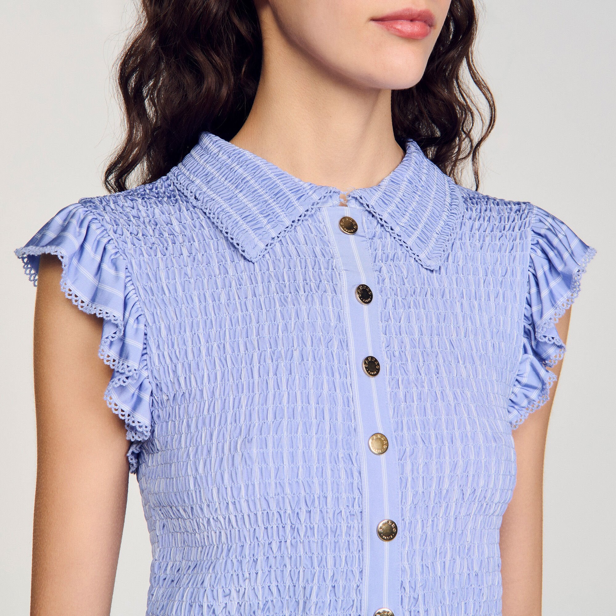 Striped smocked T-shirt Sky Blue Sandro Women