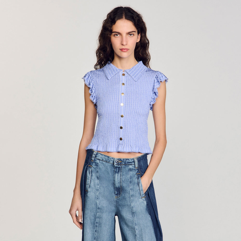 Striped smocked T-shirt Sky Blue Sandro Women