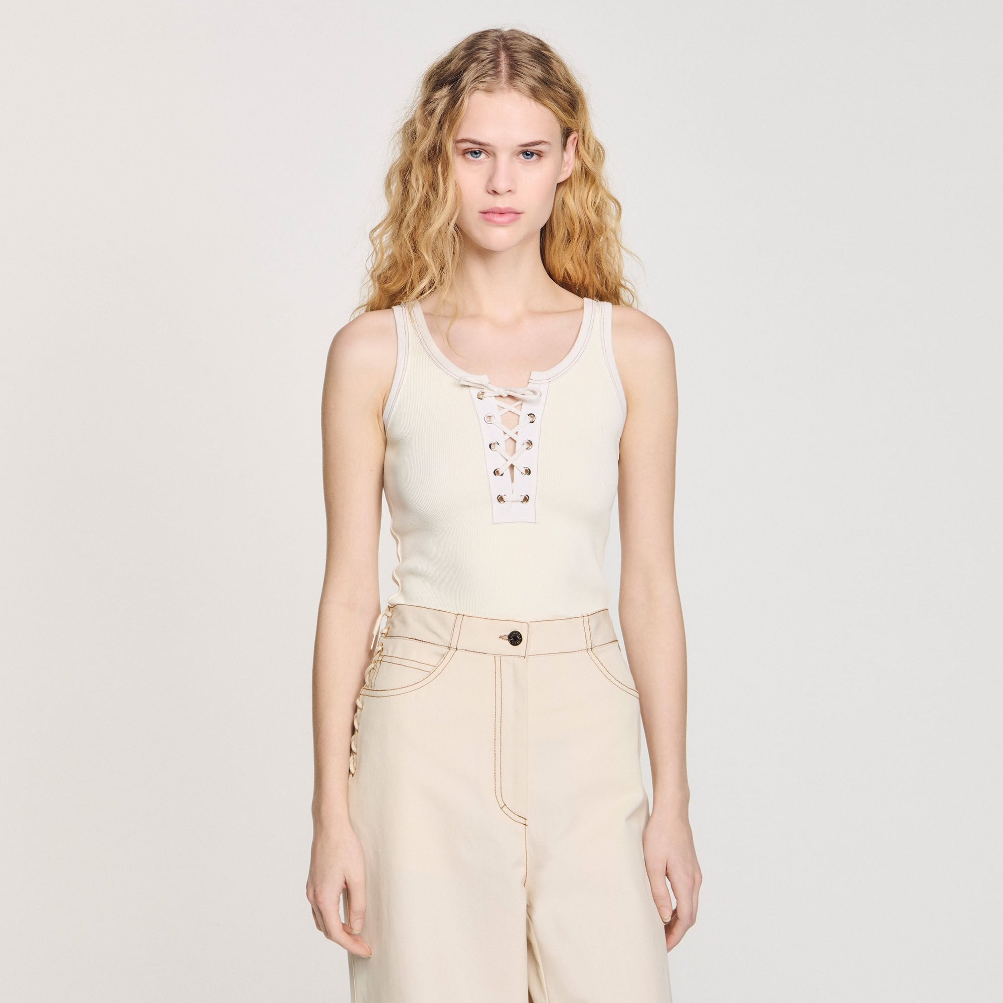 Lace-up vest top Ecru Sandro Women