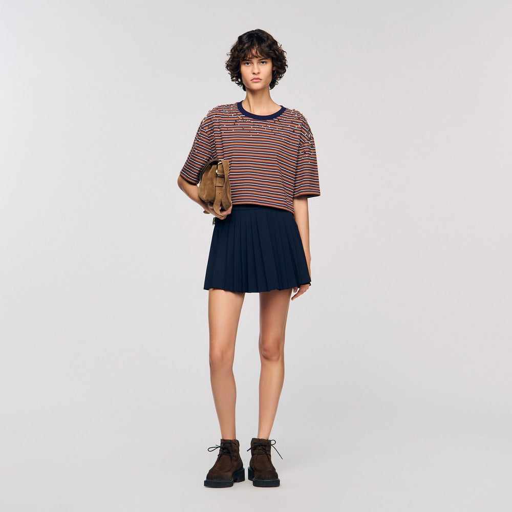 Striped rhinestone T-shirt Brown / Deep Blu Sandro Women