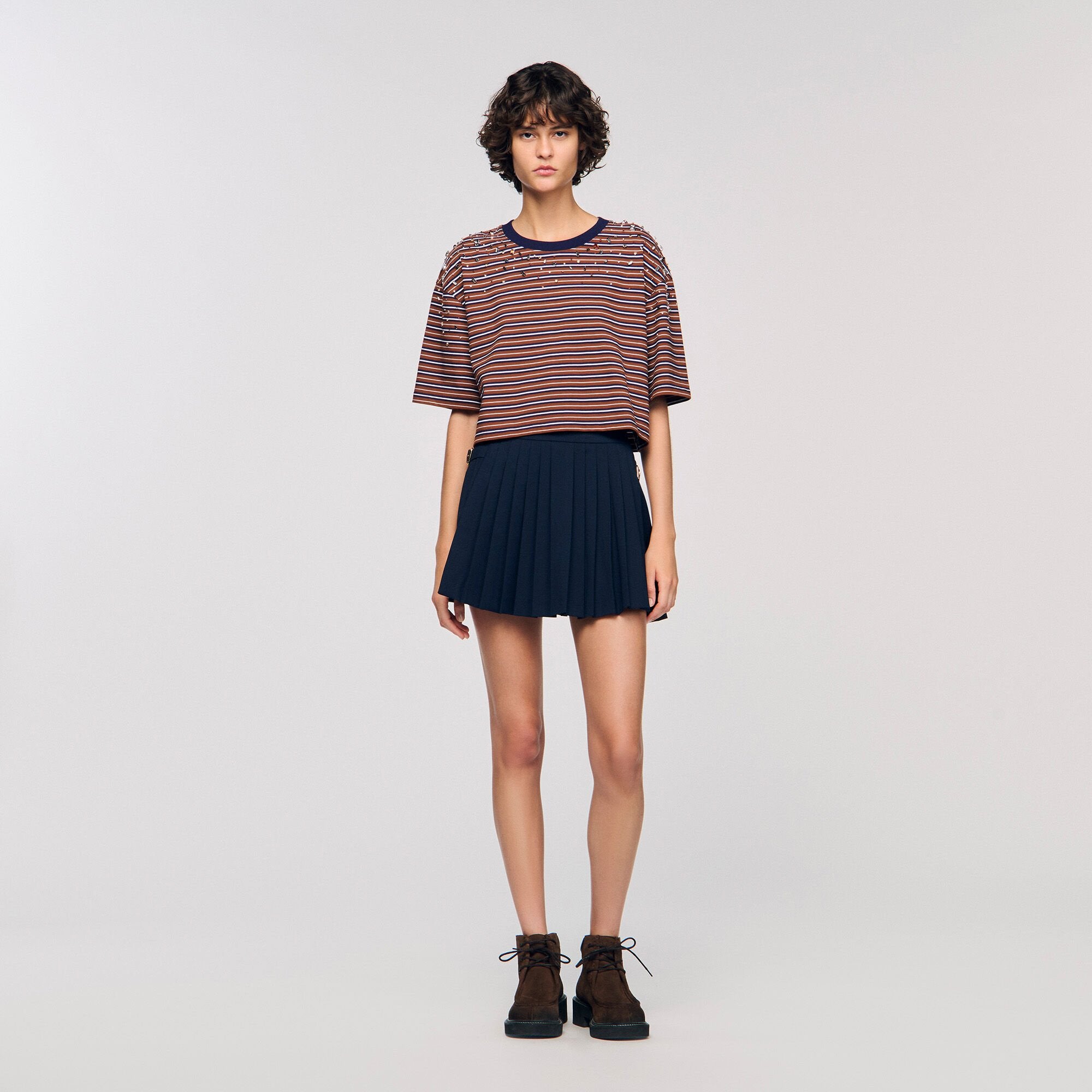 Striped rhinestone T-shirt Brown / Deep Blu Sandro Women