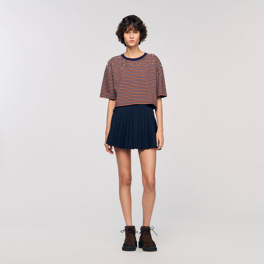 Striped rhinestone T-shirt Brown / Deep Blu Sandro Women