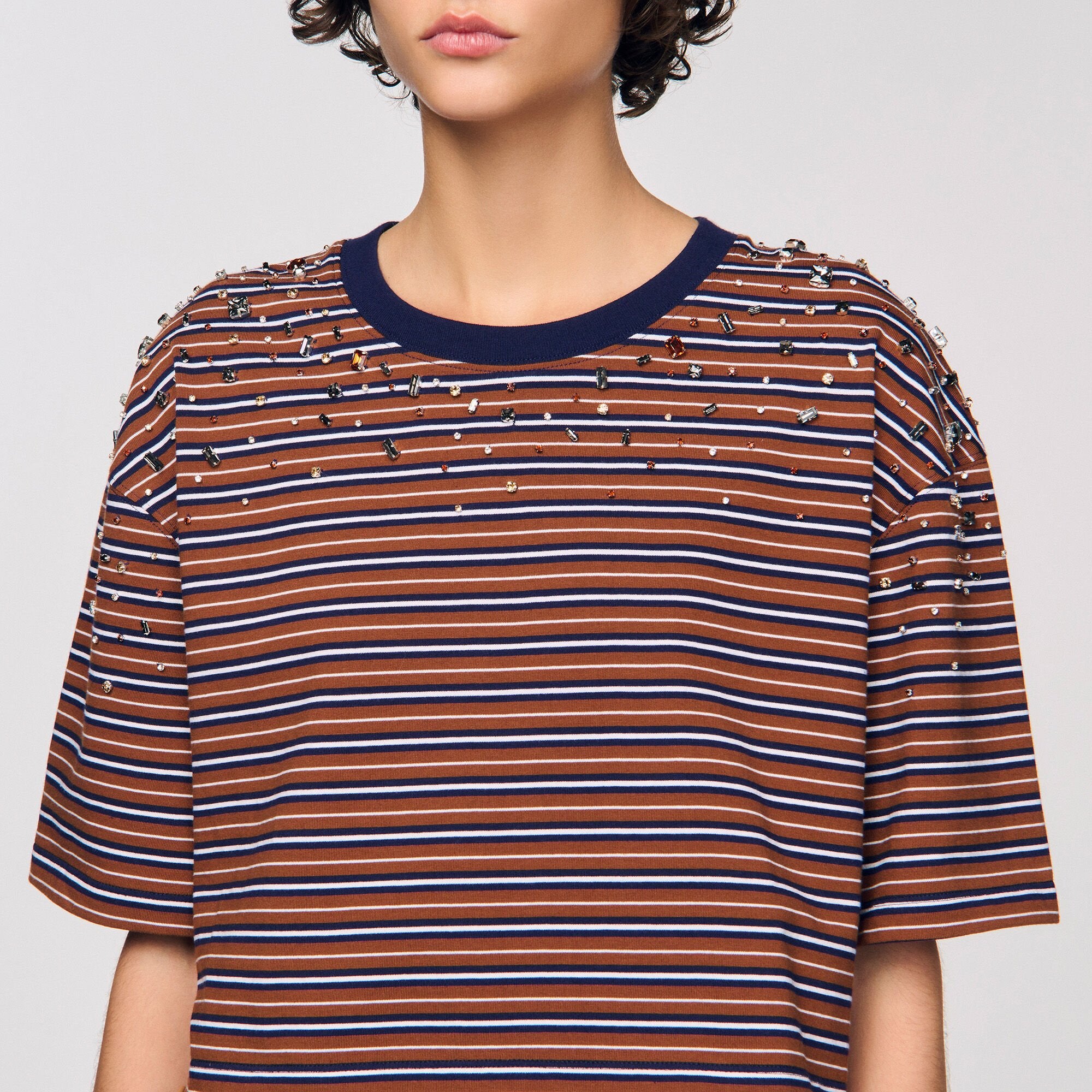 Striped rhinestone T-shirt Brown / Deep Blu Sandro Women