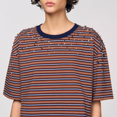 Striped rhinestone T-shirt Brown / Deep Blu Sandro Women