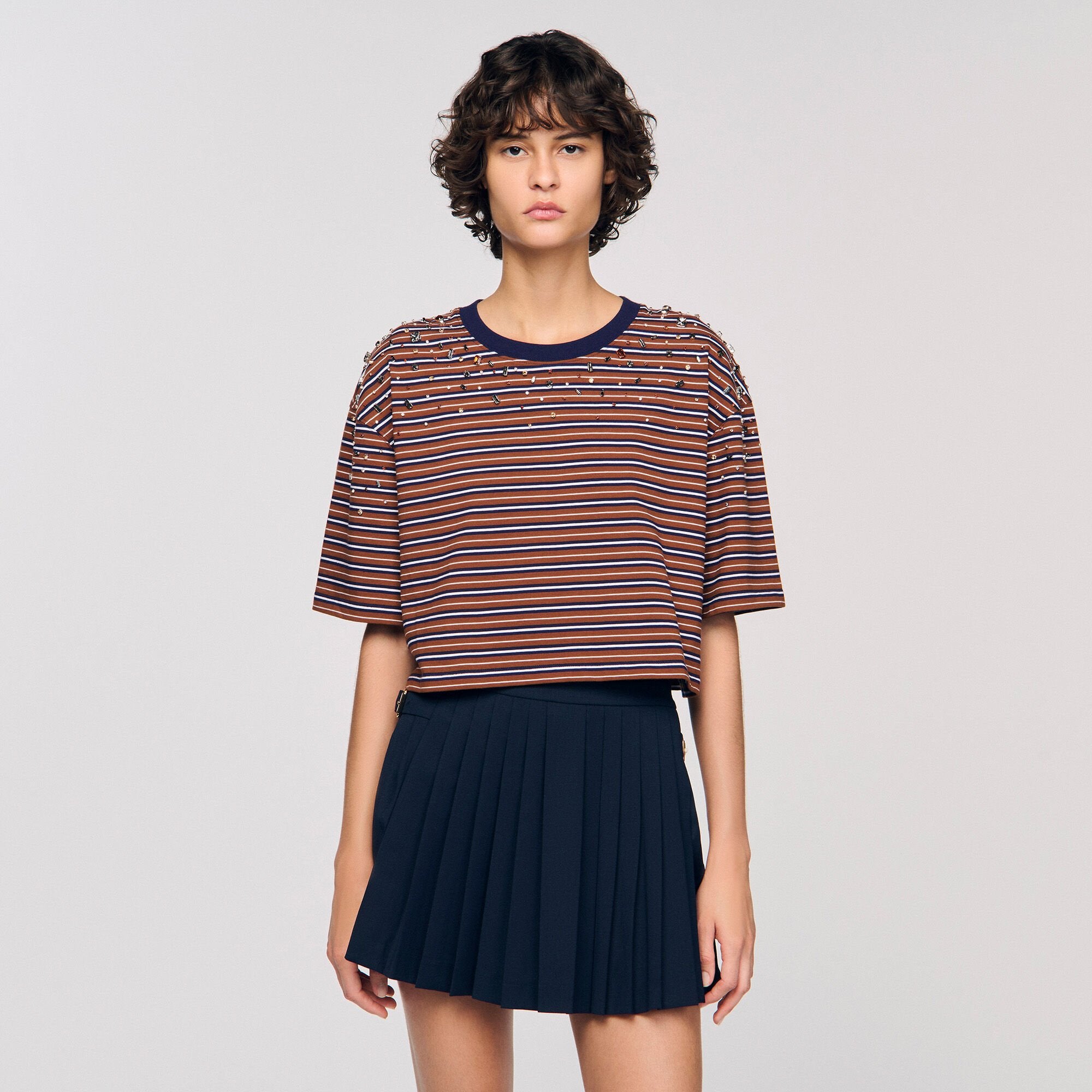 Striped rhinestone T-shirt Brown / Deep Blu Sandro Women
