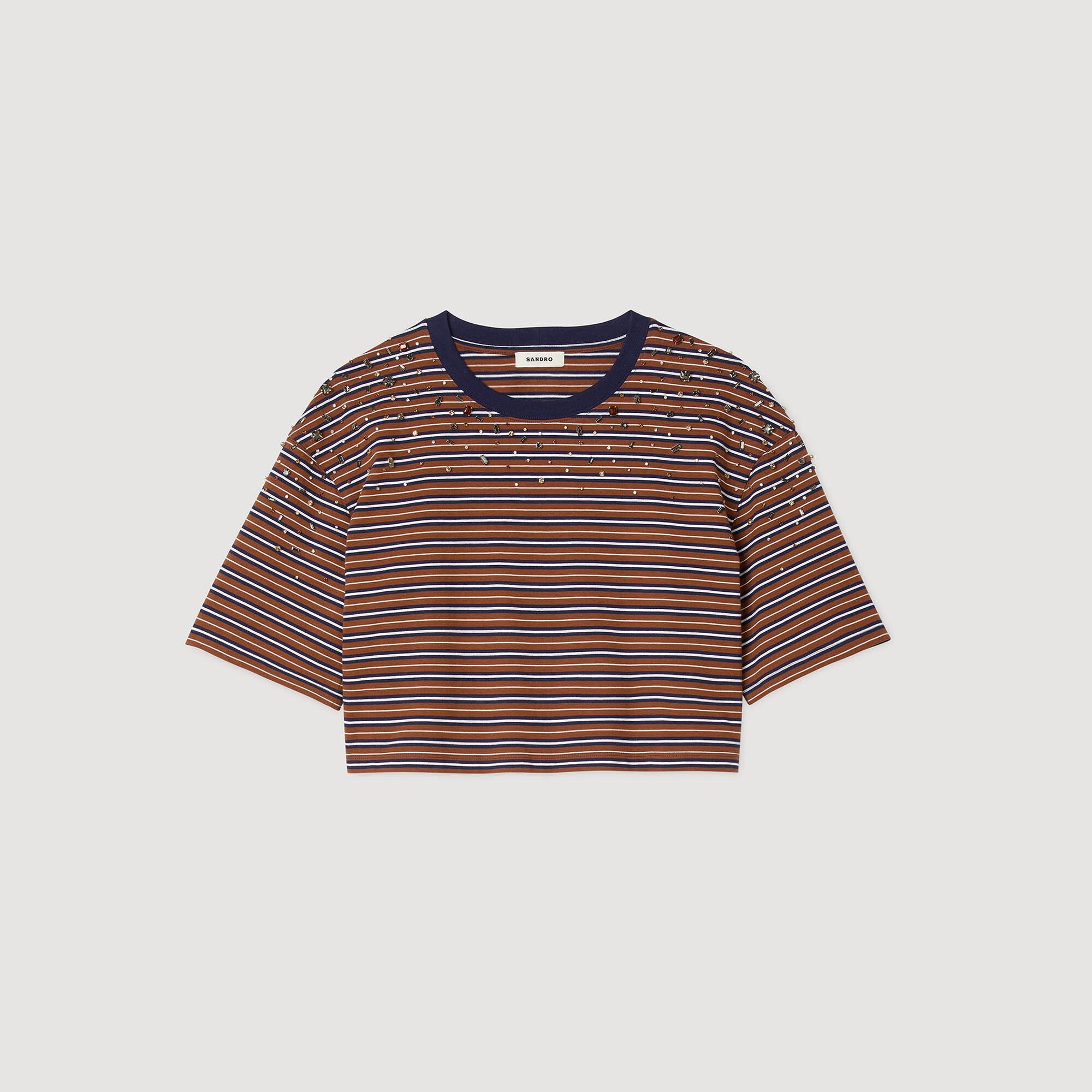Striped rhinestone T-shirt Brown / Deep Blu Sandro Women