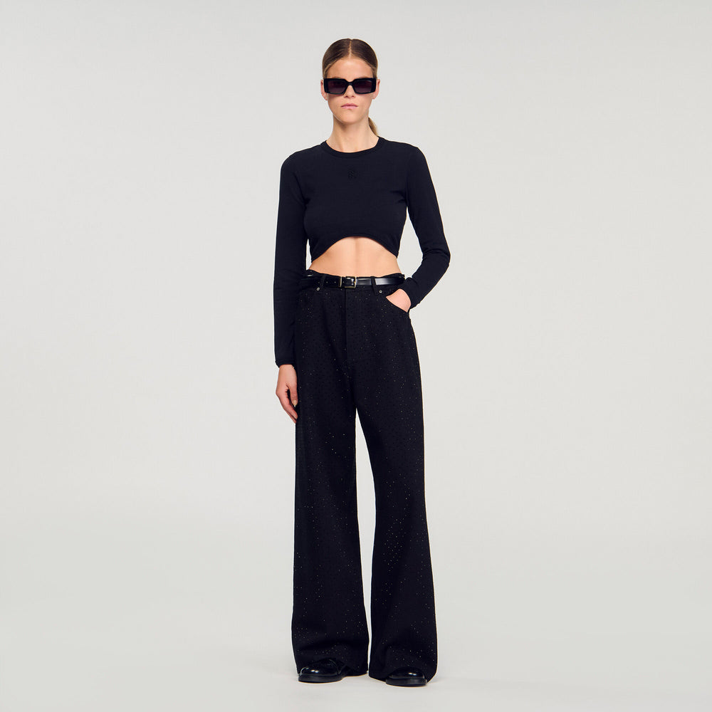 Cropped embroidered T-shirt Black Sandro Women