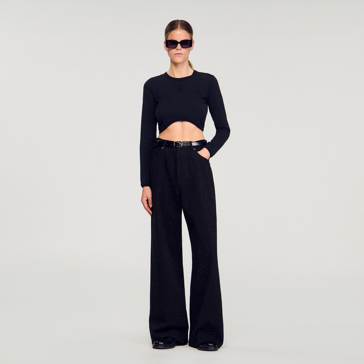 Cropped embroidered T-shirt Black Sandro Women