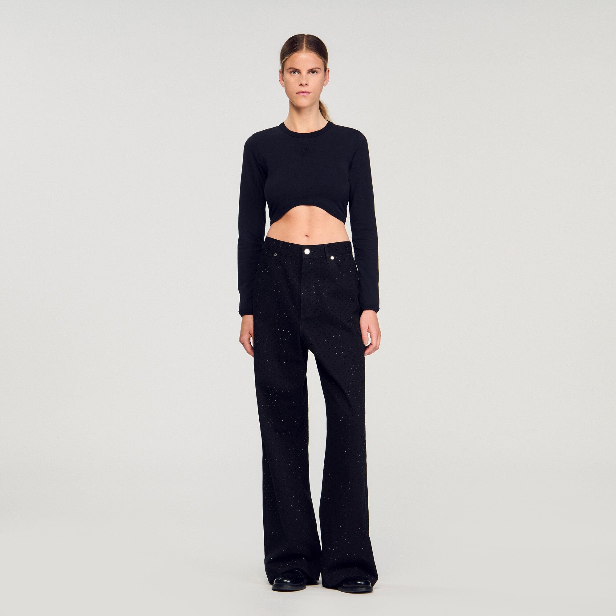 Cropped embroidered T-shirt Black Sandro Women