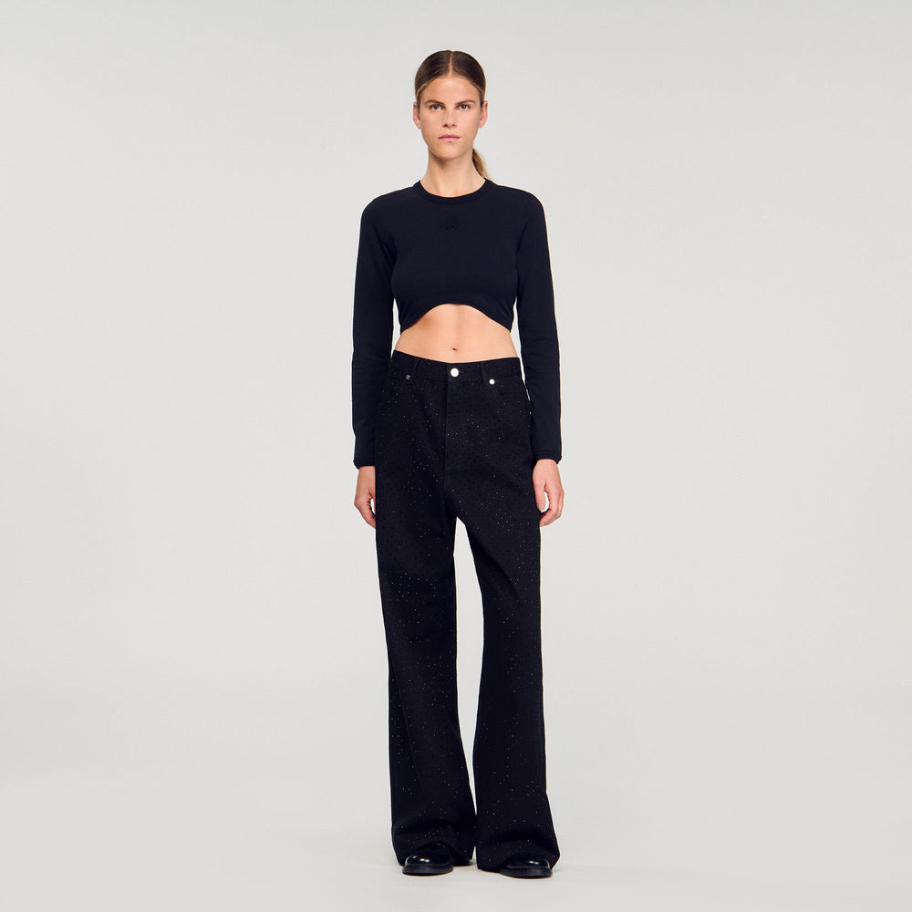 Cropped embroidered T-shirt Black Sandro Women