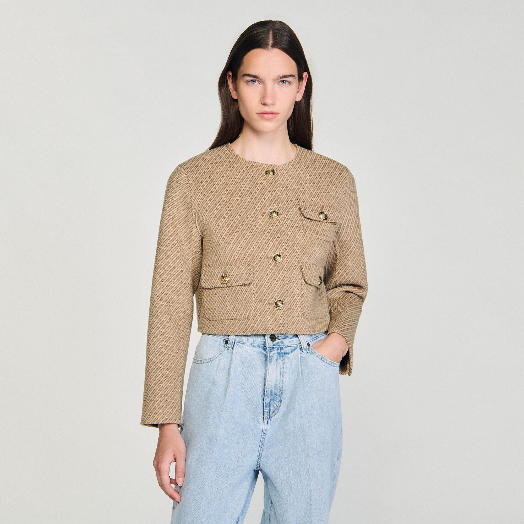 Cropped button-down jacket Beige Sandro Women