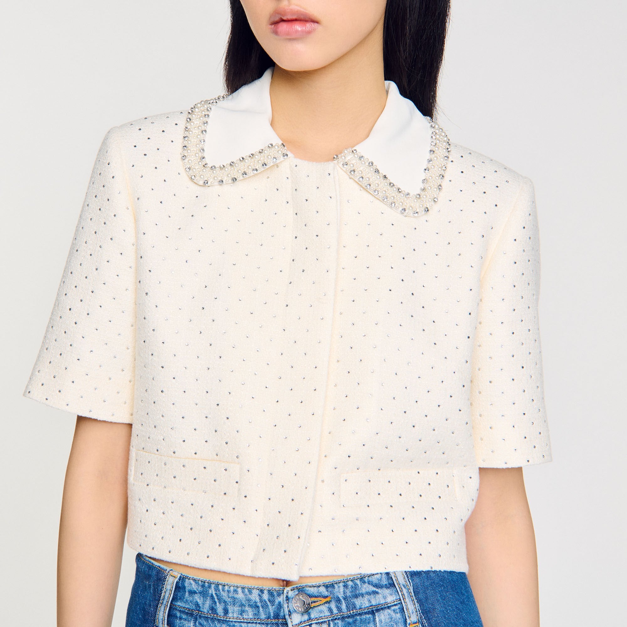 Short-sleeved rhinestone jacket Ecru Sandro Women