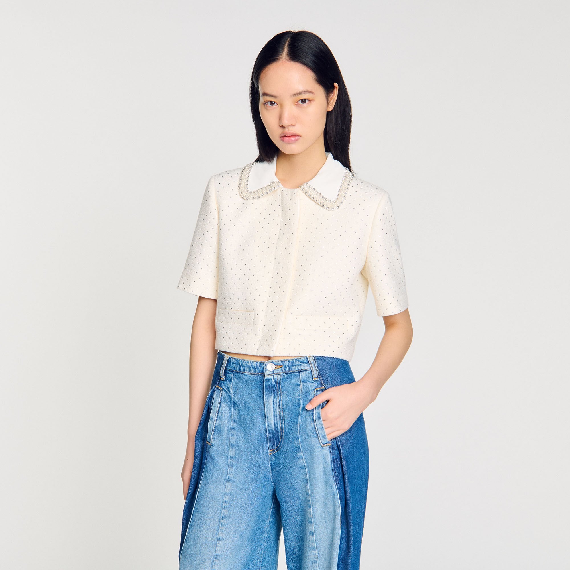 Short-sleeved rhinestone jacket Ecru Sandro Women
