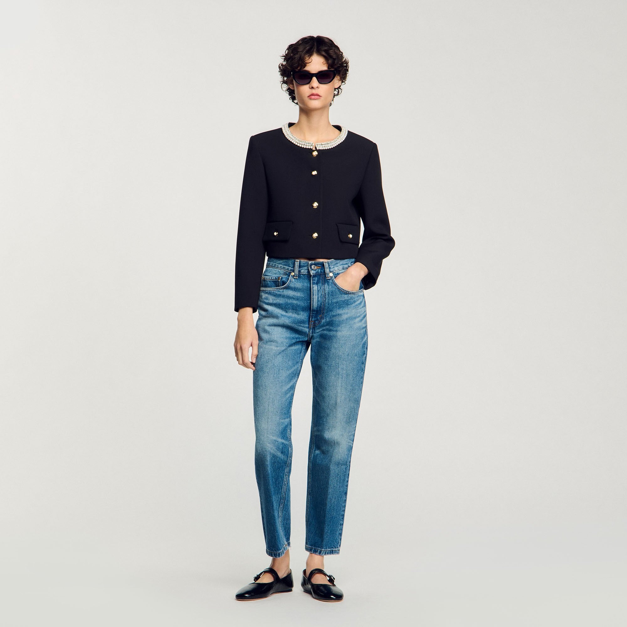 Jacket with beaded collar Black Sandro Women