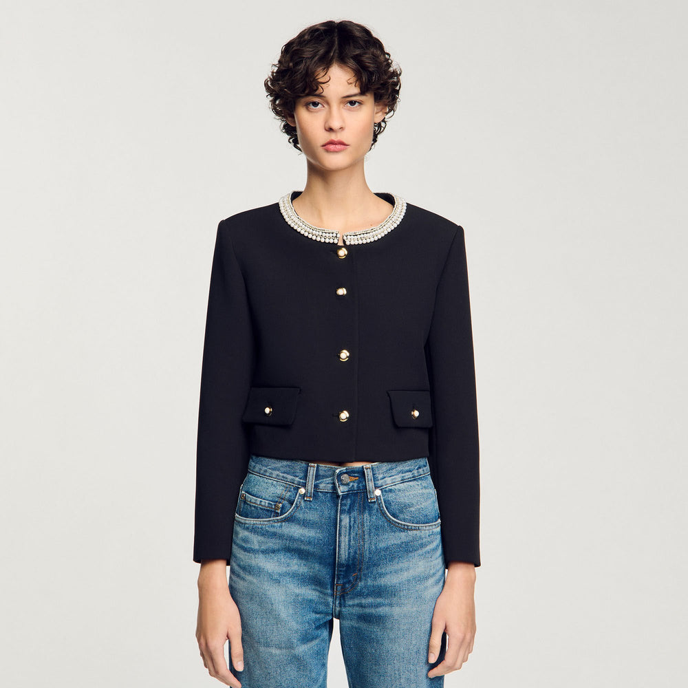 Jacket with beaded collar Black Sandro Women