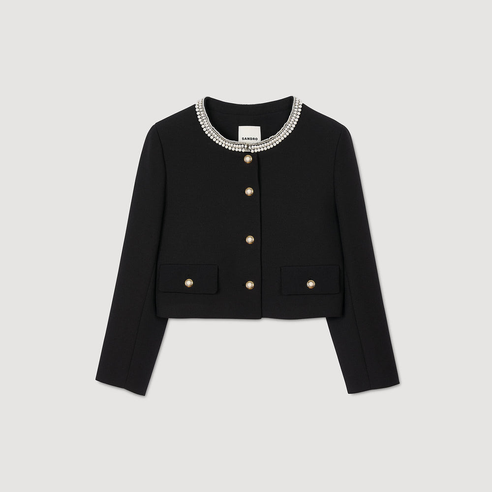Jacket with beaded collar Black Sandro Women