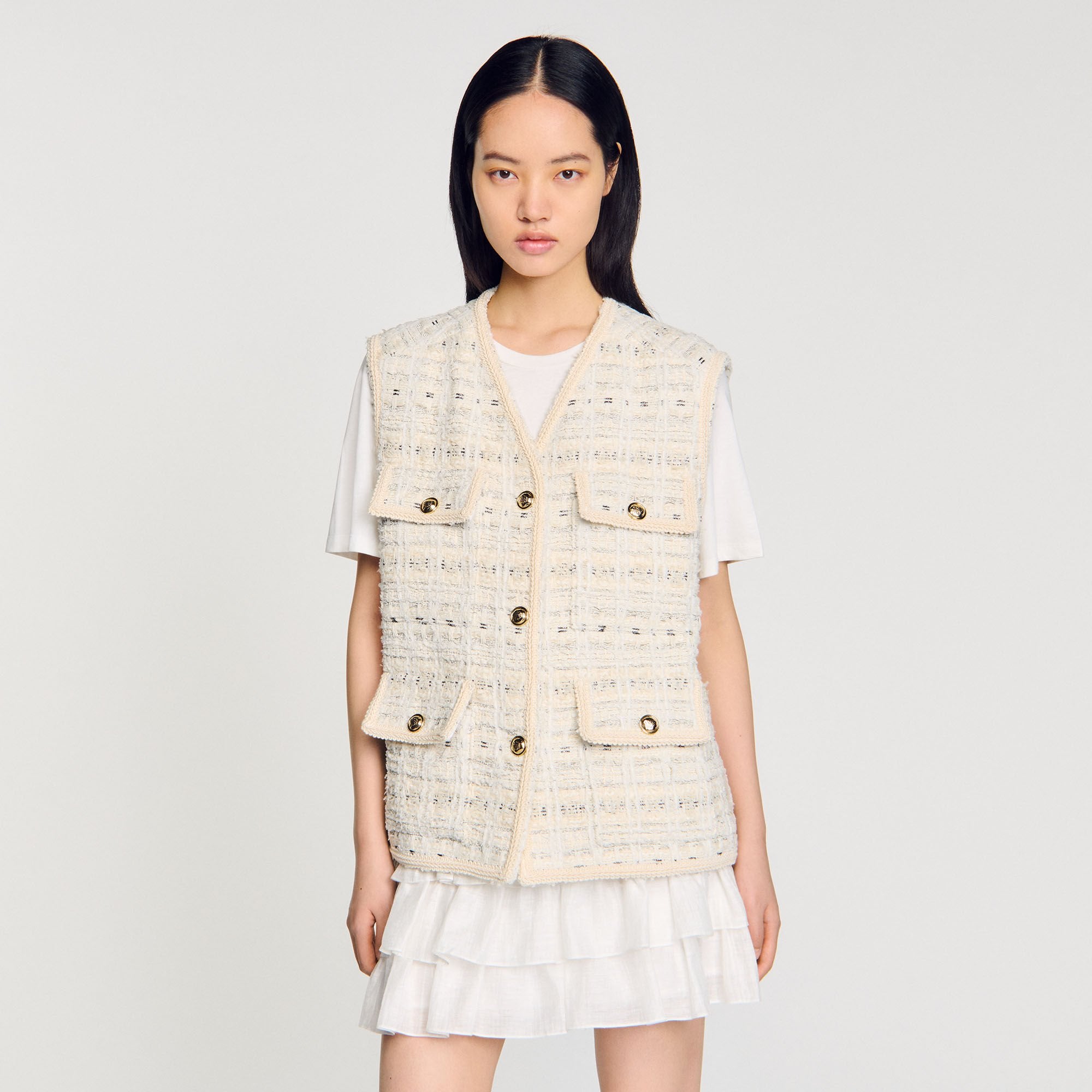 Sleeveless tweed jacket Ecru / Lurex Sandro Women
