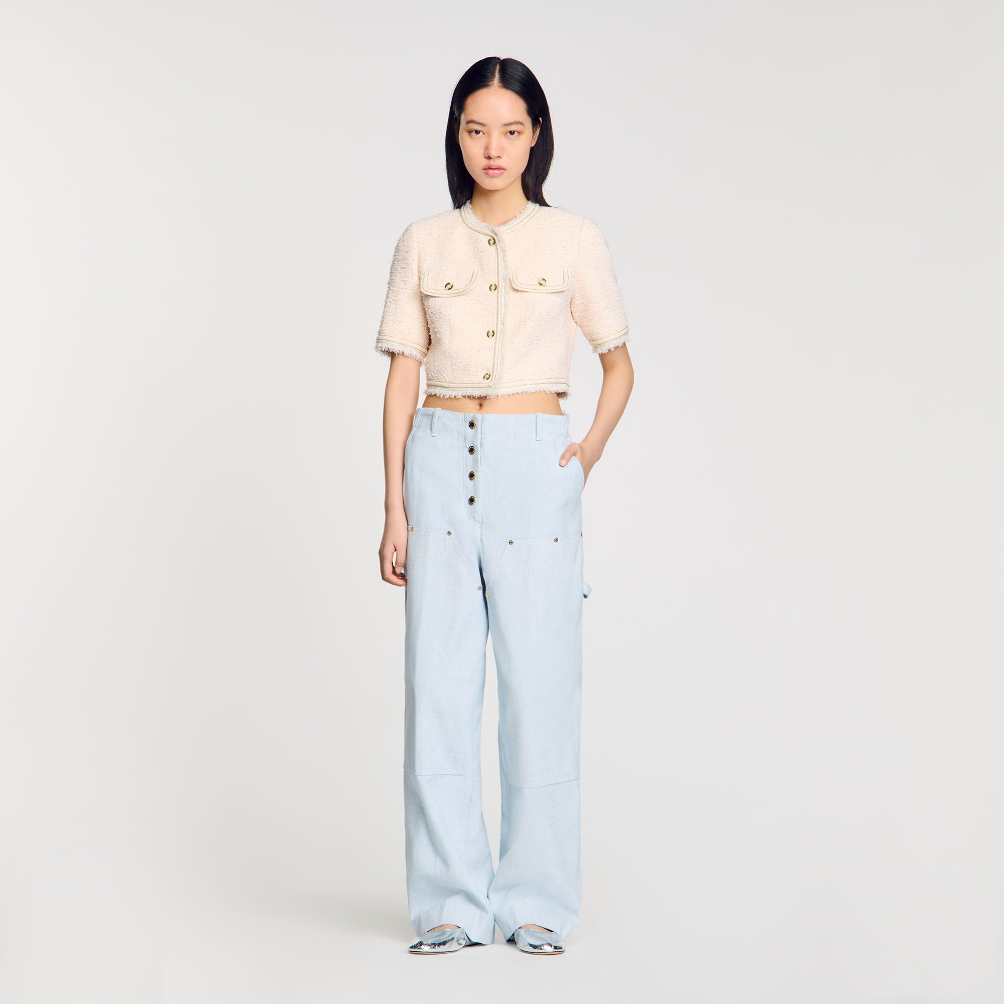Short-sleeved tweed jacket Ecru / Pink Sandro Women