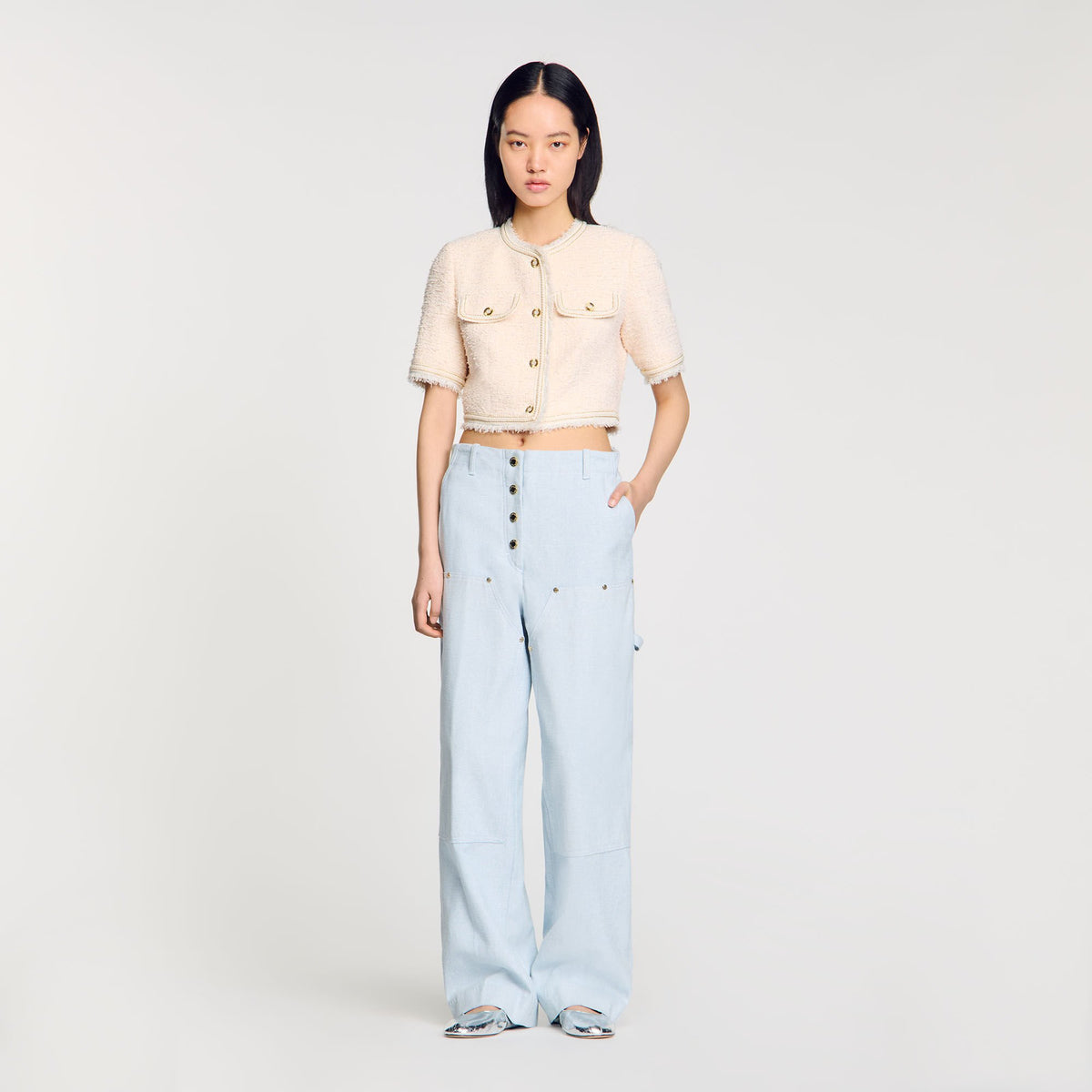 Short-sleeved tweed jacket Ecru / Pink Sandro Women