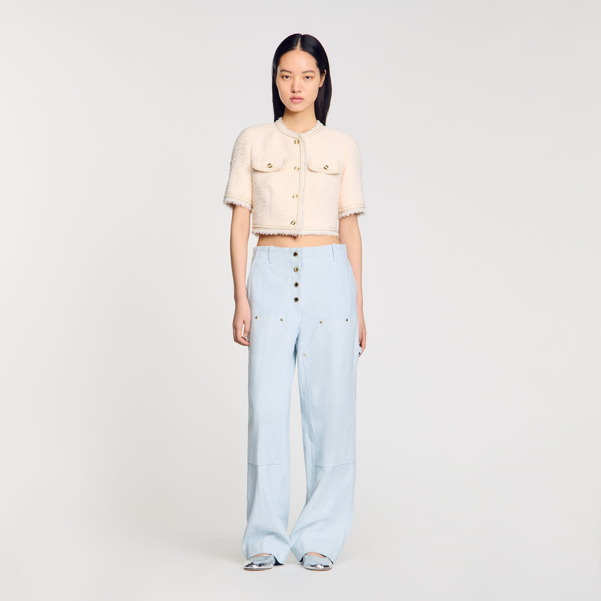 Short-sleeved tweed jacket Ecru / Pink Sandro Women