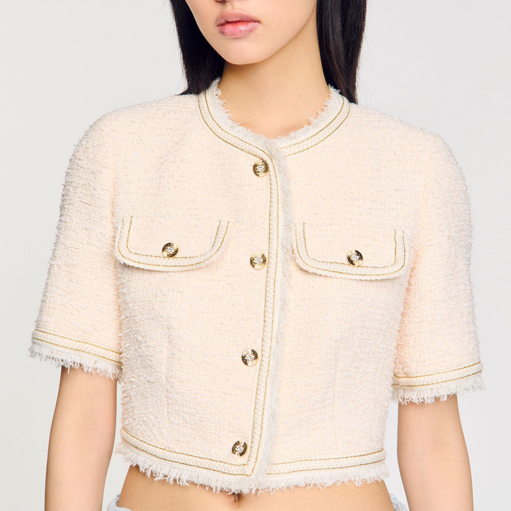 Short-sleeved tweed jacket Ecru / Pink Sandro Women