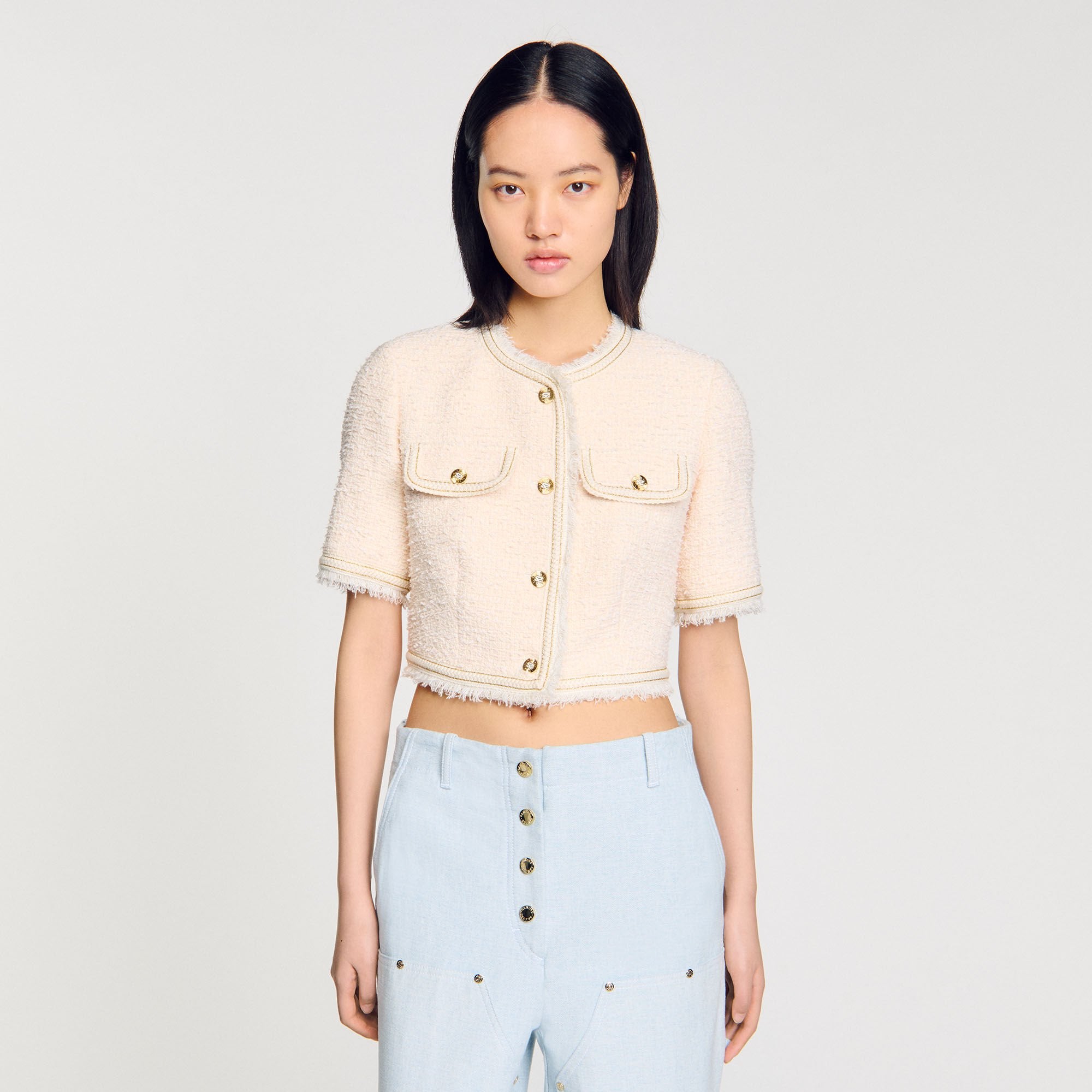 Short-sleeved tweed jacket Ecru / Pink Sandro Women