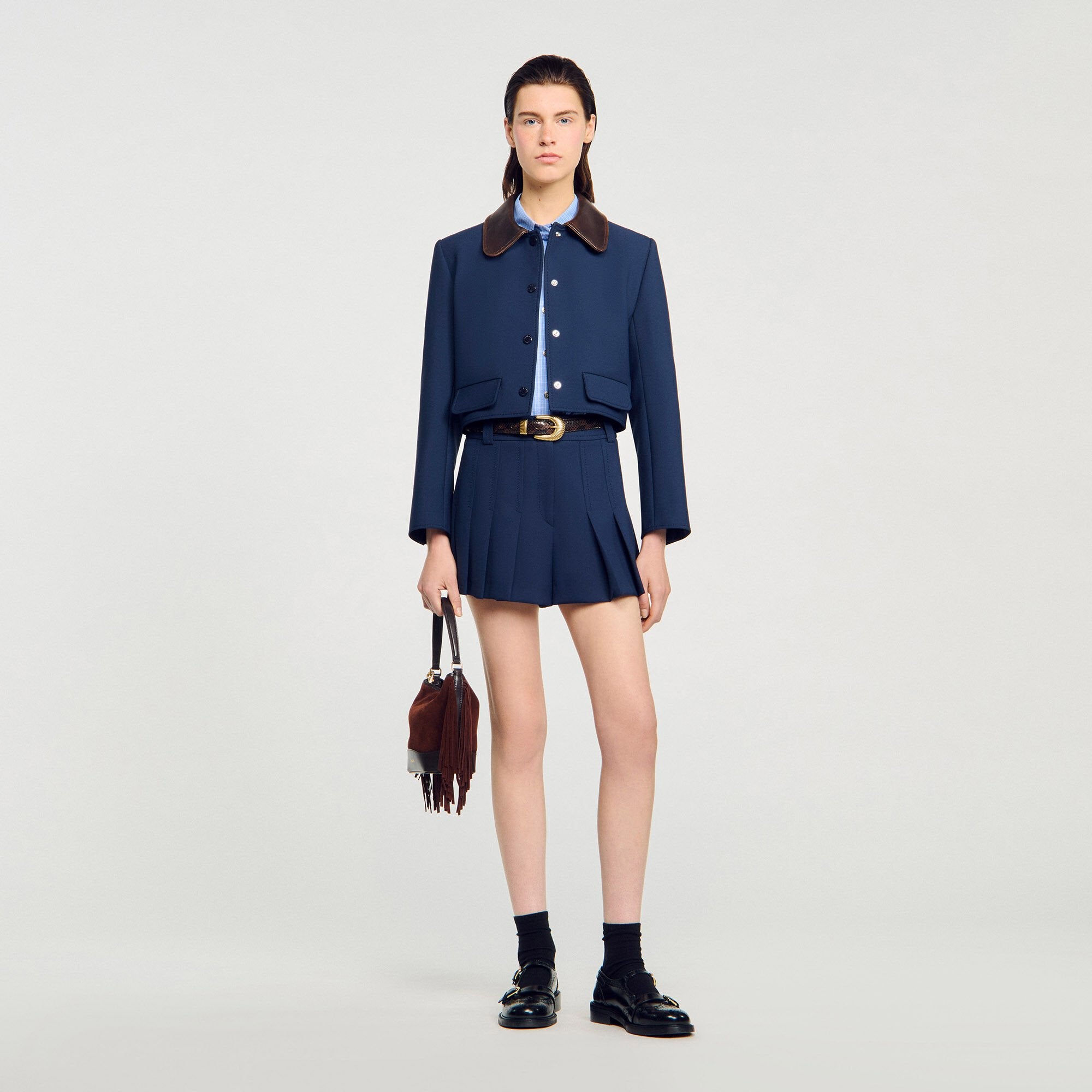 Cropped jacket with leather collar Navy Blue Sandro Women
