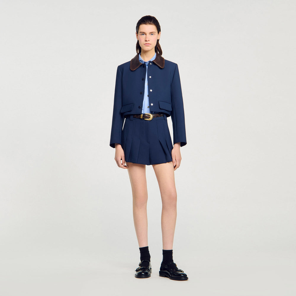 Cropped jacket with leather collar Navy Blue Sandro Women