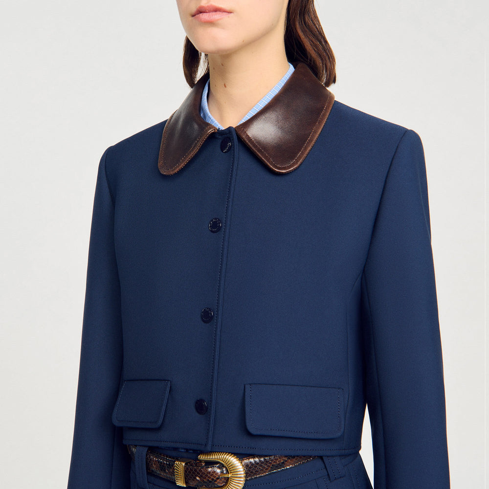 Cropped jacket with leather collar Navy Blue Sandro Women