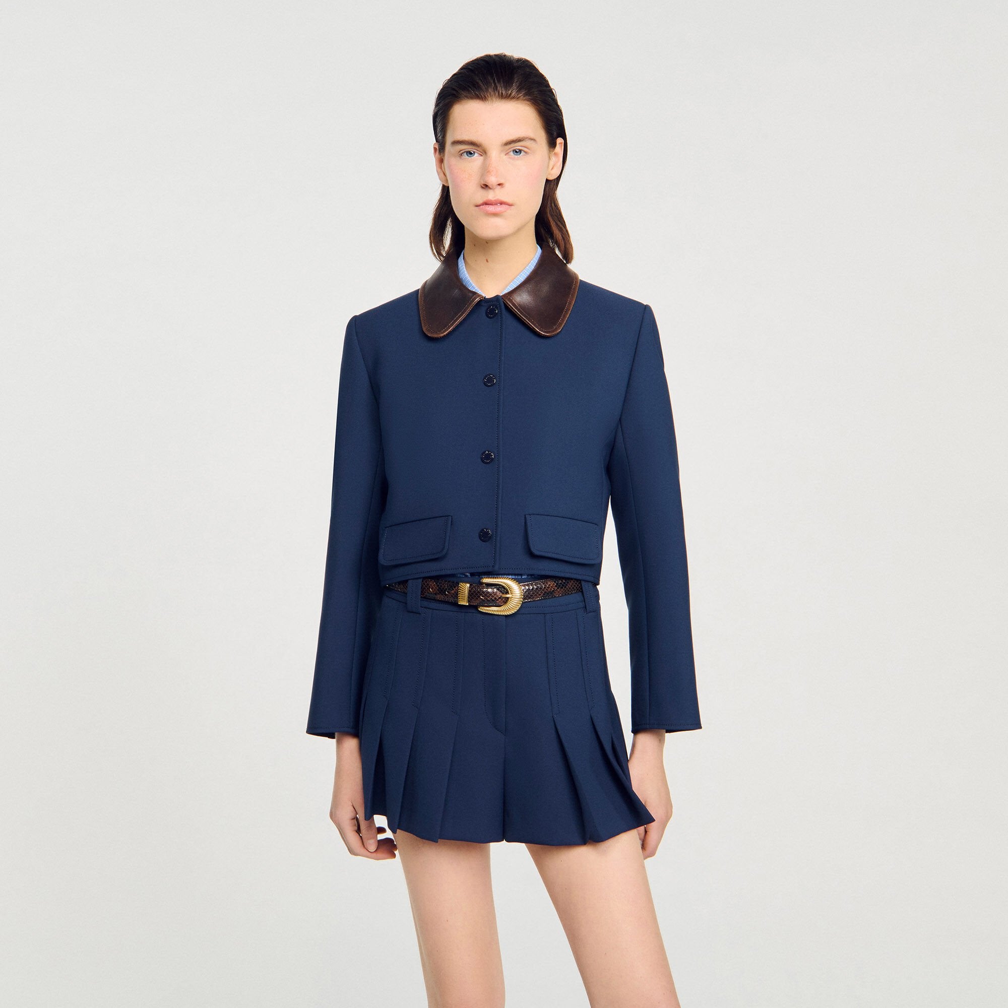 Cropped jacket with leather collar Navy Blue Sandro Women