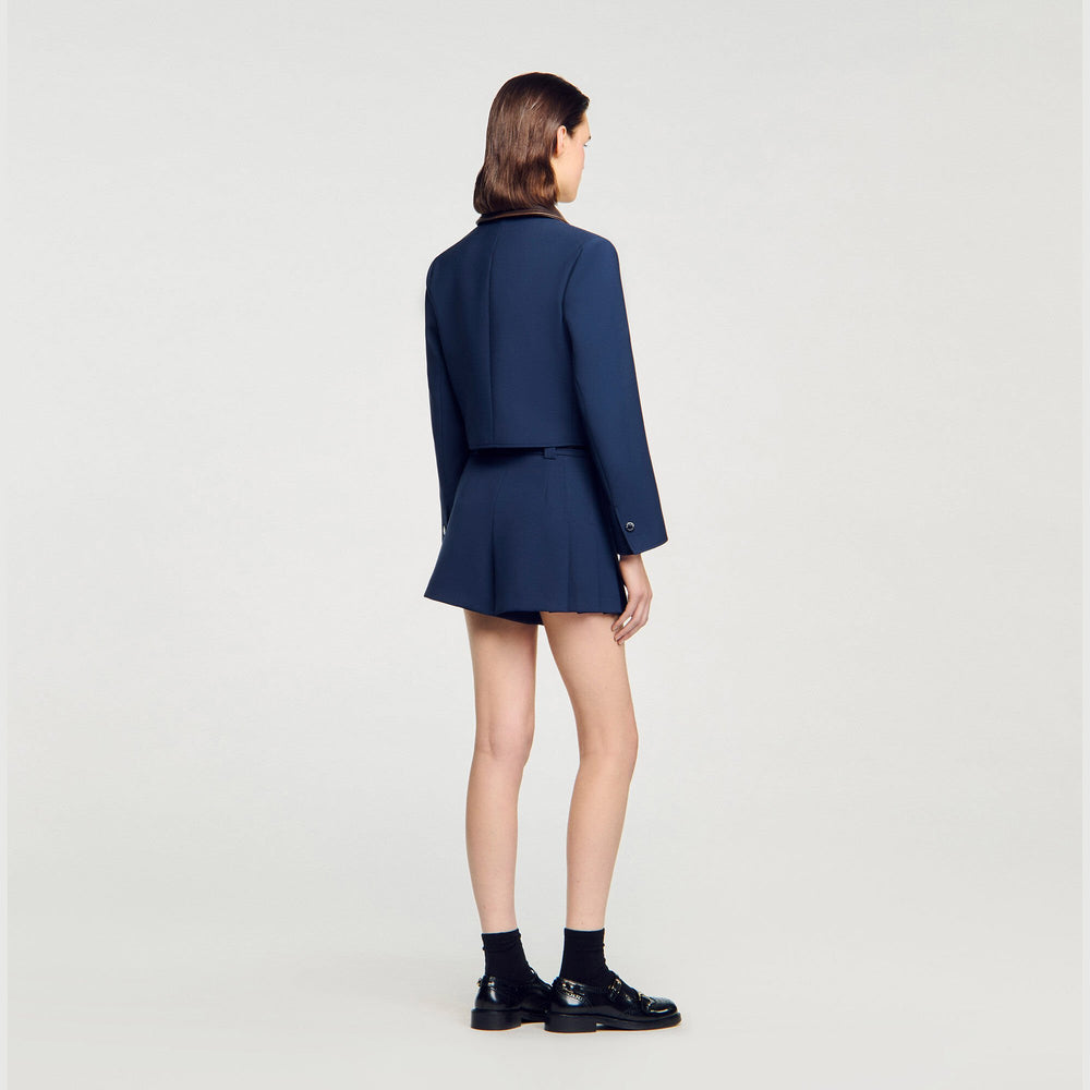 Cropped jacket with leather collar Navy Blue Sandro Women
