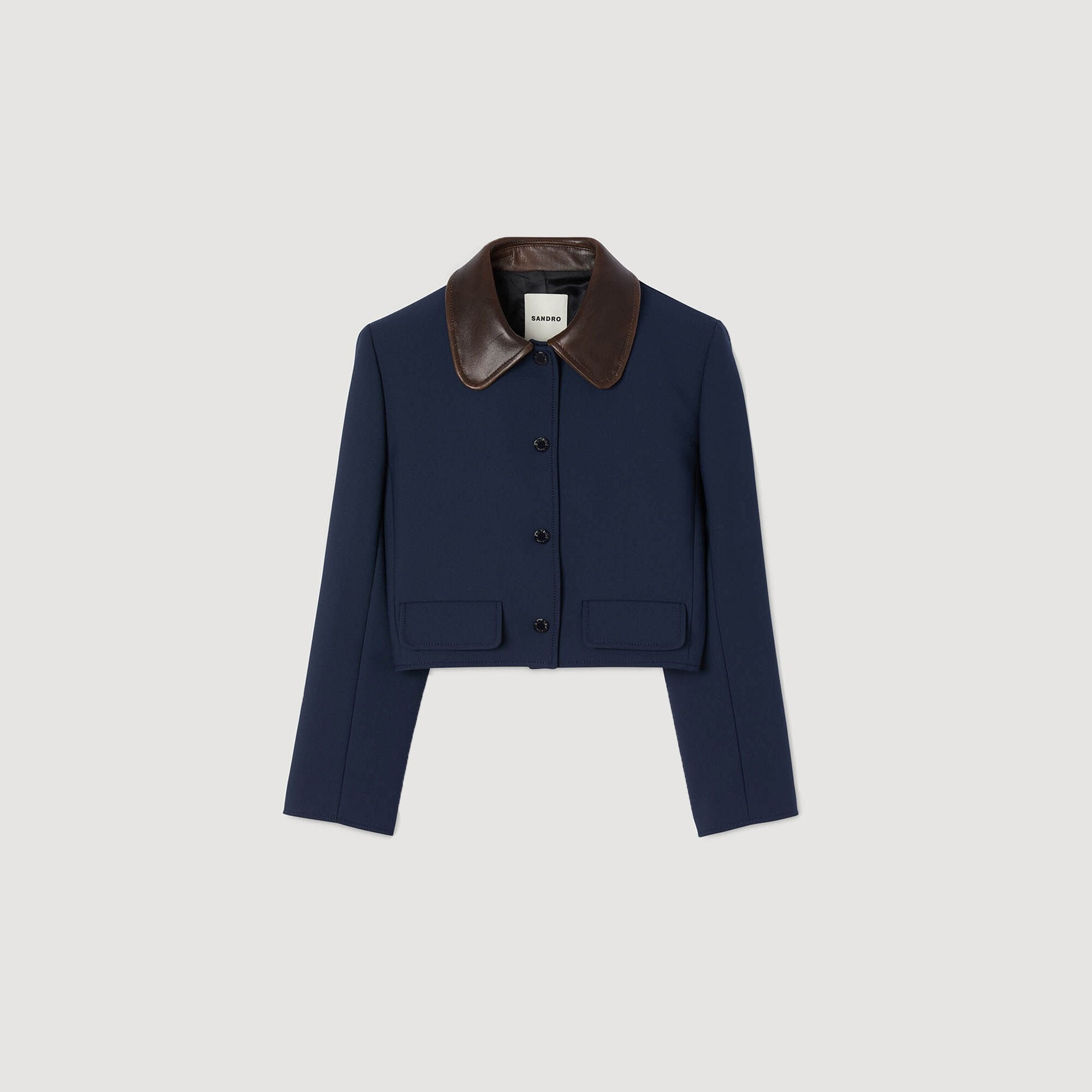 Cropped jacket with leather collar Navy Blue Sandro Women