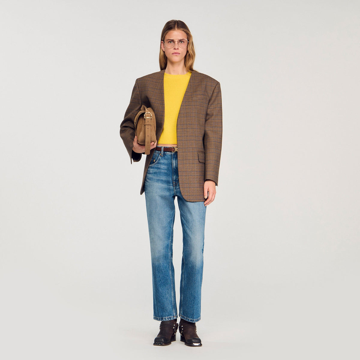 Oversized checked jacket Ocher / Blue Sandro Women