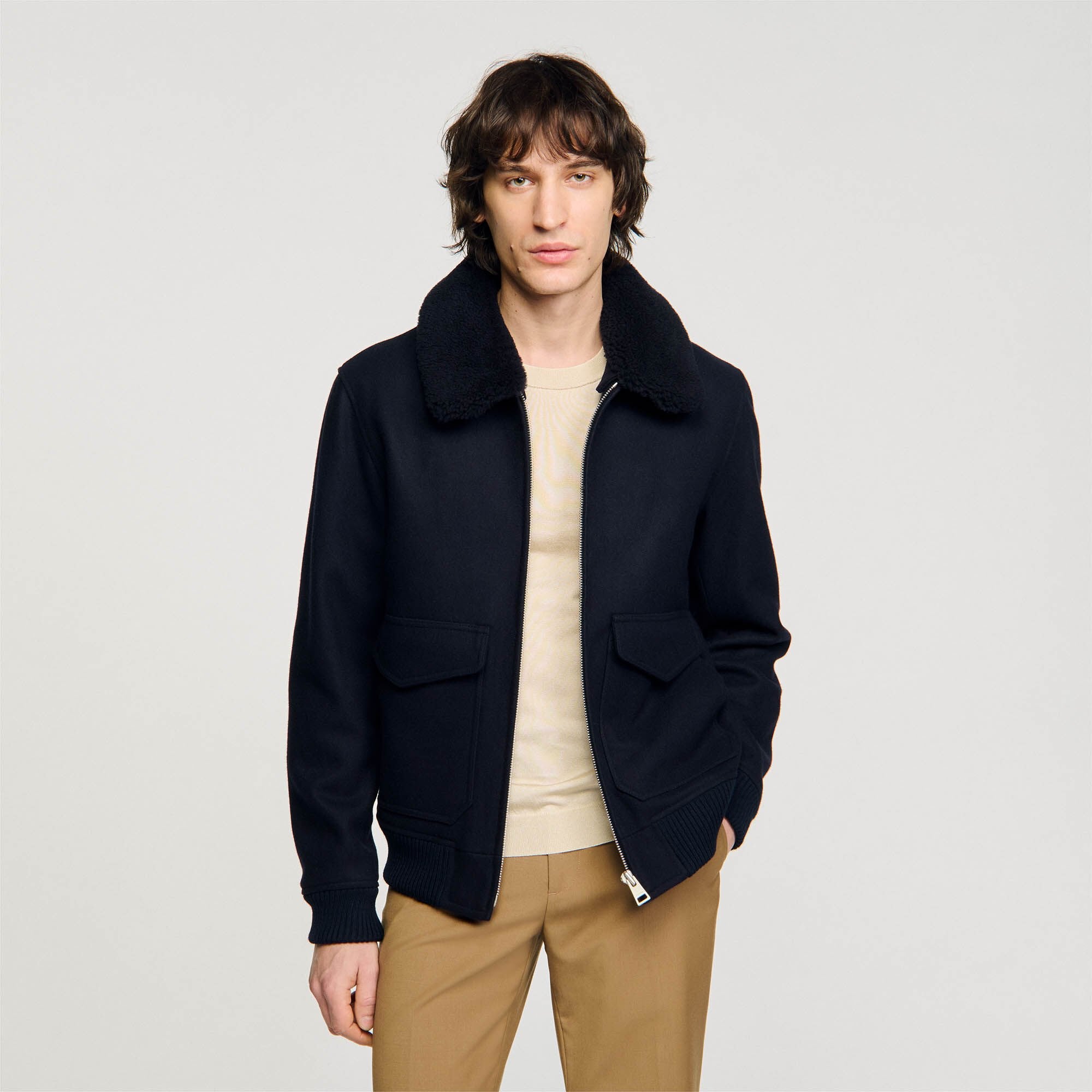 Wool aviator jacket Navy Blue Sandro Men