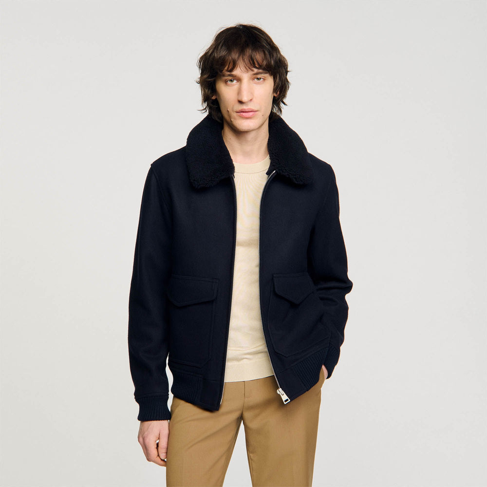 Wool aviator jacket Navy Blue Sandro Men