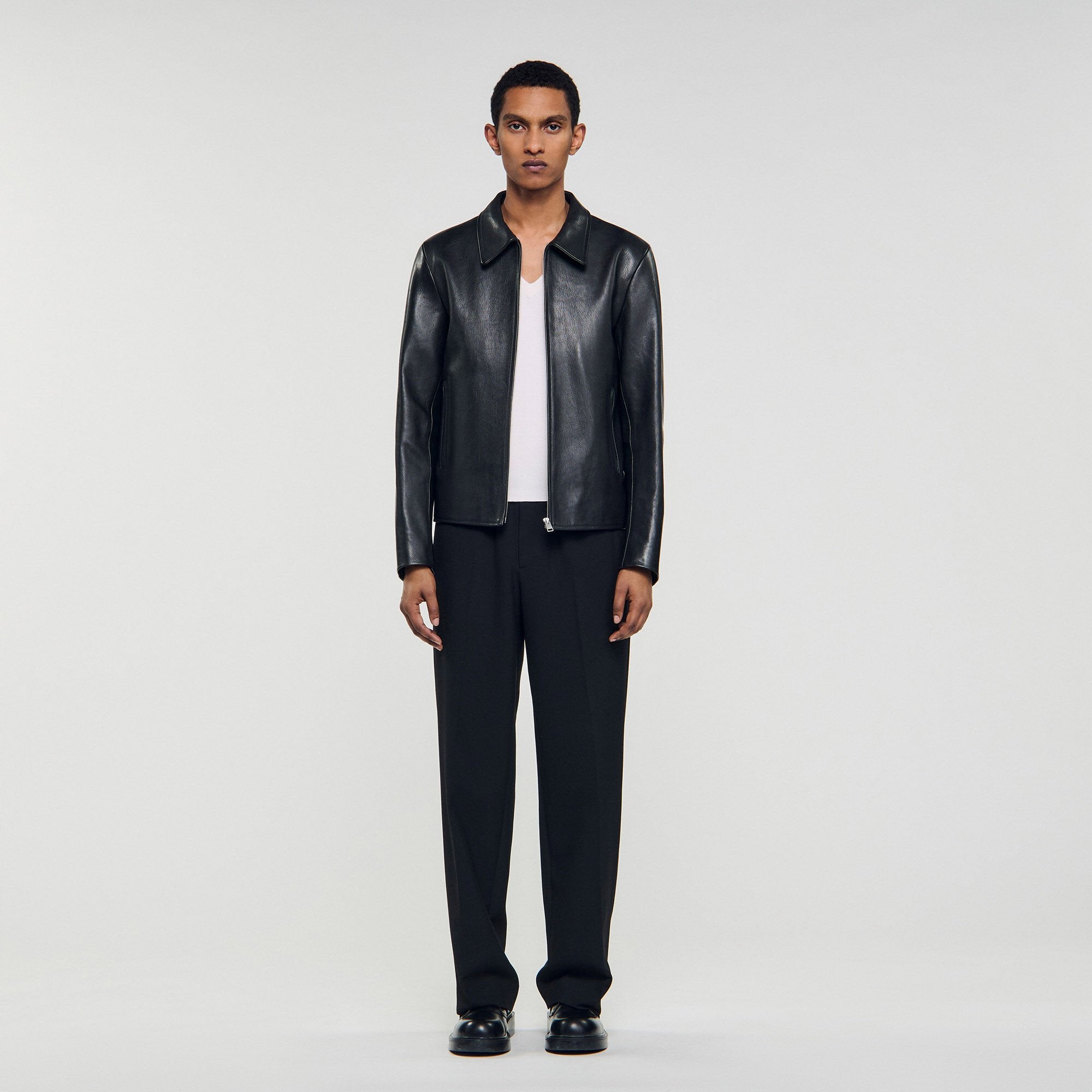 Zip-up leather jacket Black Sandro Men