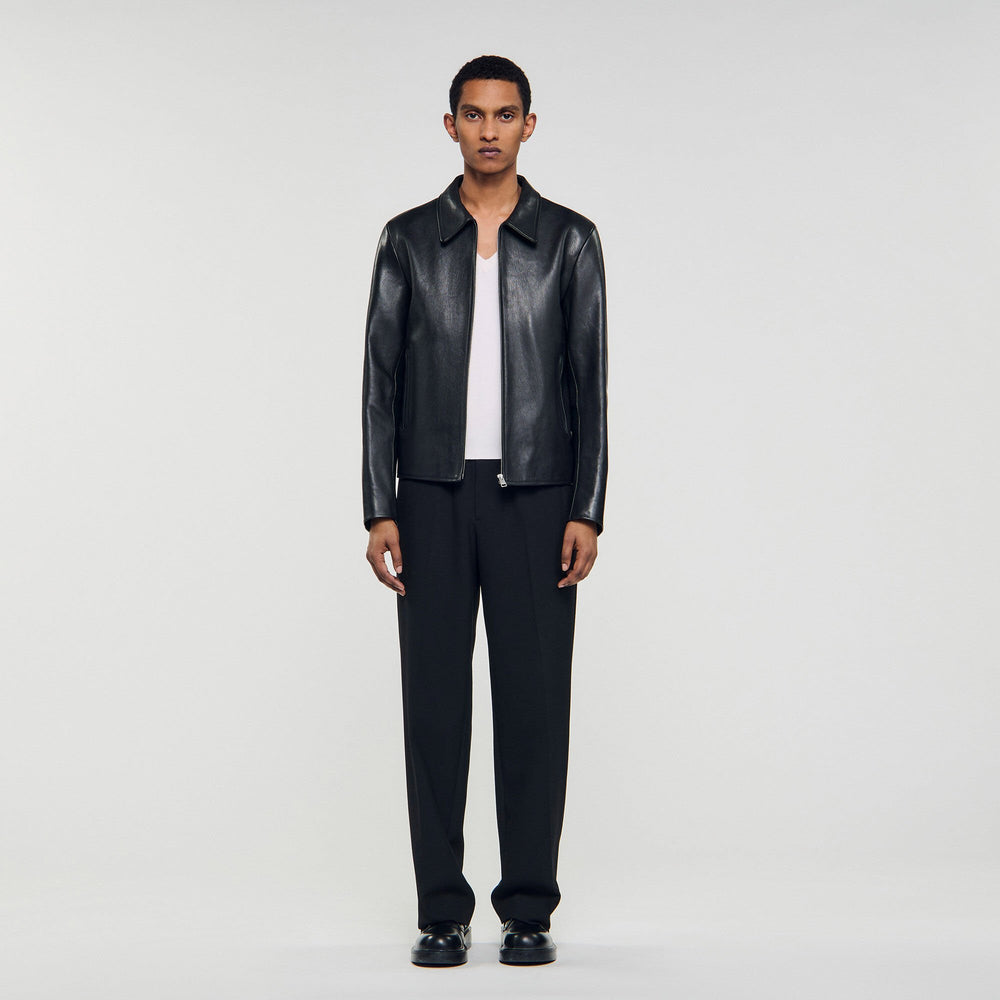 Zip-up leather jacket Black Sandro Men