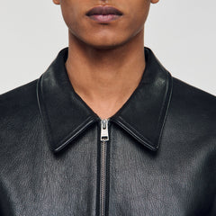 Zip-up leather jacket Black Sandro Men