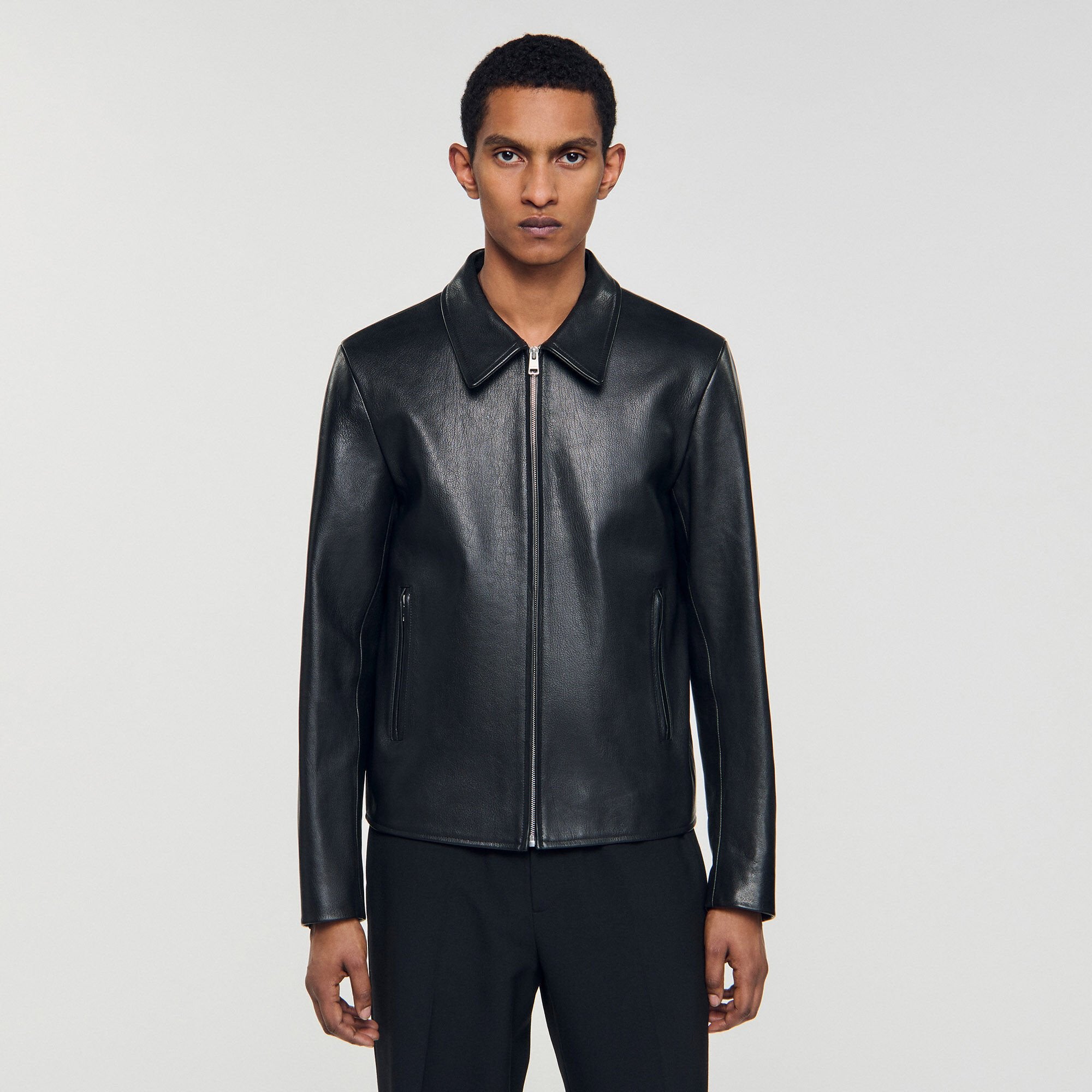 Zip-up leather jacket Black Sandro Men