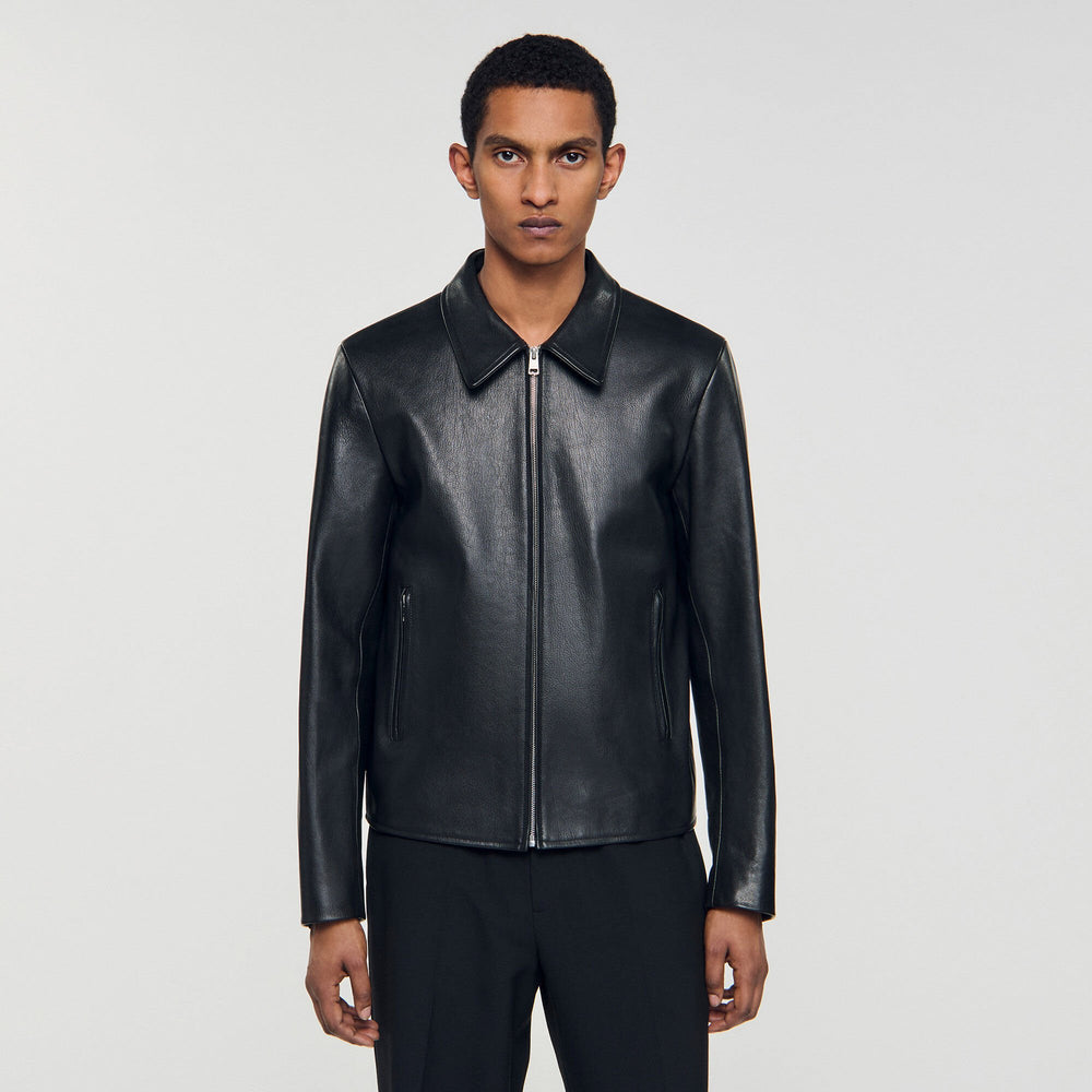 Zip-up leather jacket Black Sandro Men