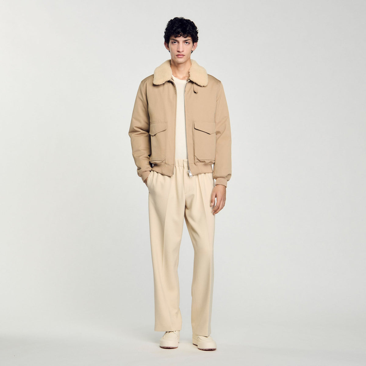Shearling collar aviator jacket Sand Sandro Men