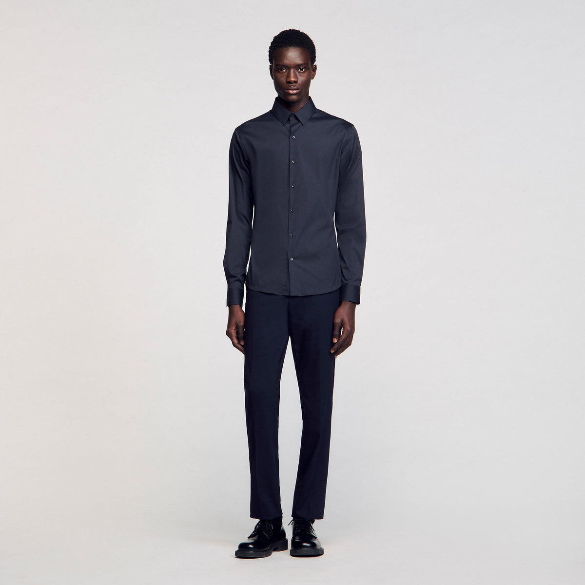 Fitted stretch cotton shirt Navy Blue Sandro Men