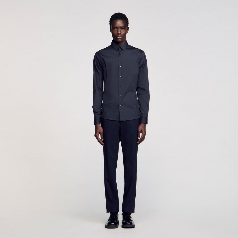 Fitted stretch cotton shirt Navy Blue Sandro Men
