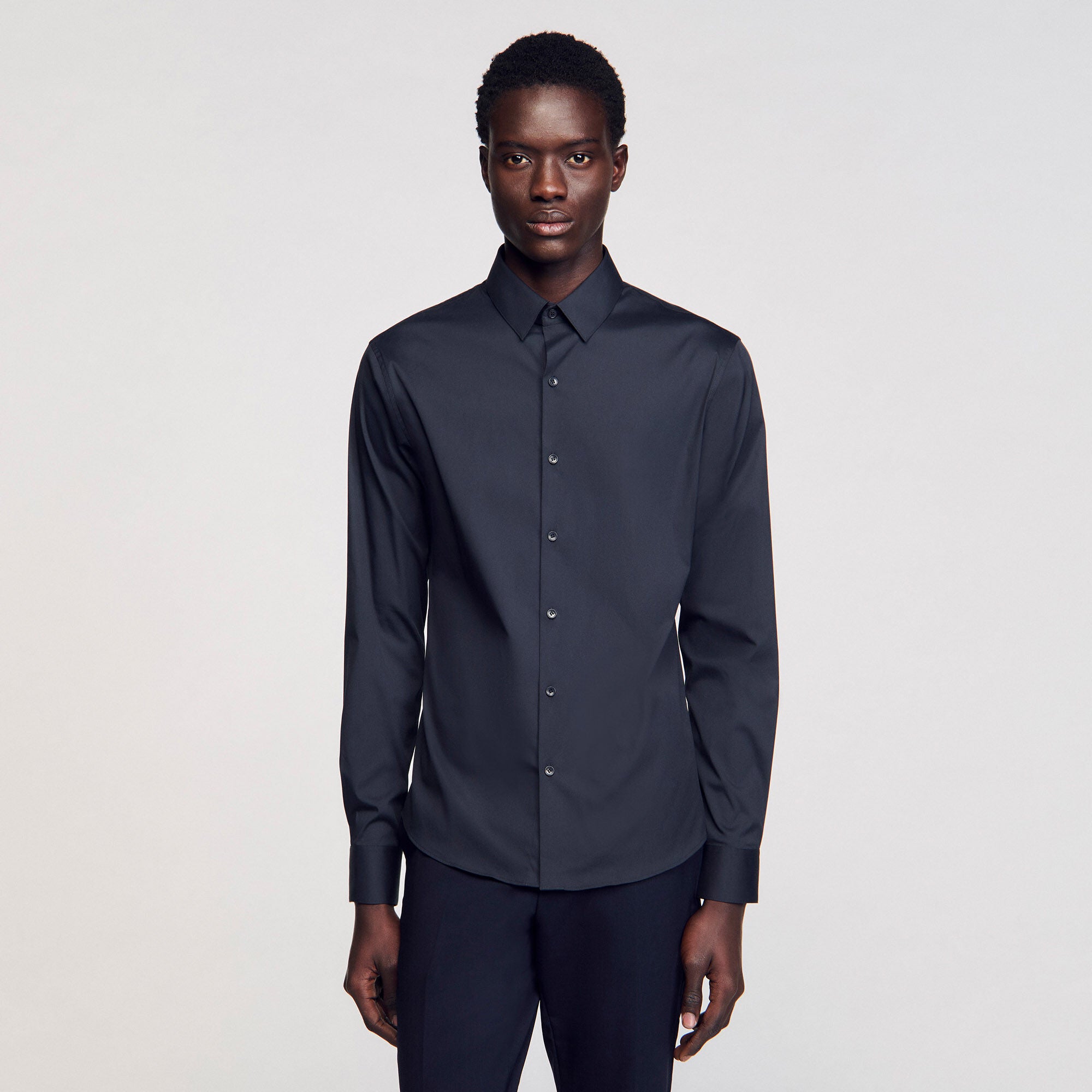 Fitted stretch cotton shirt Navy Blue Sandro Men