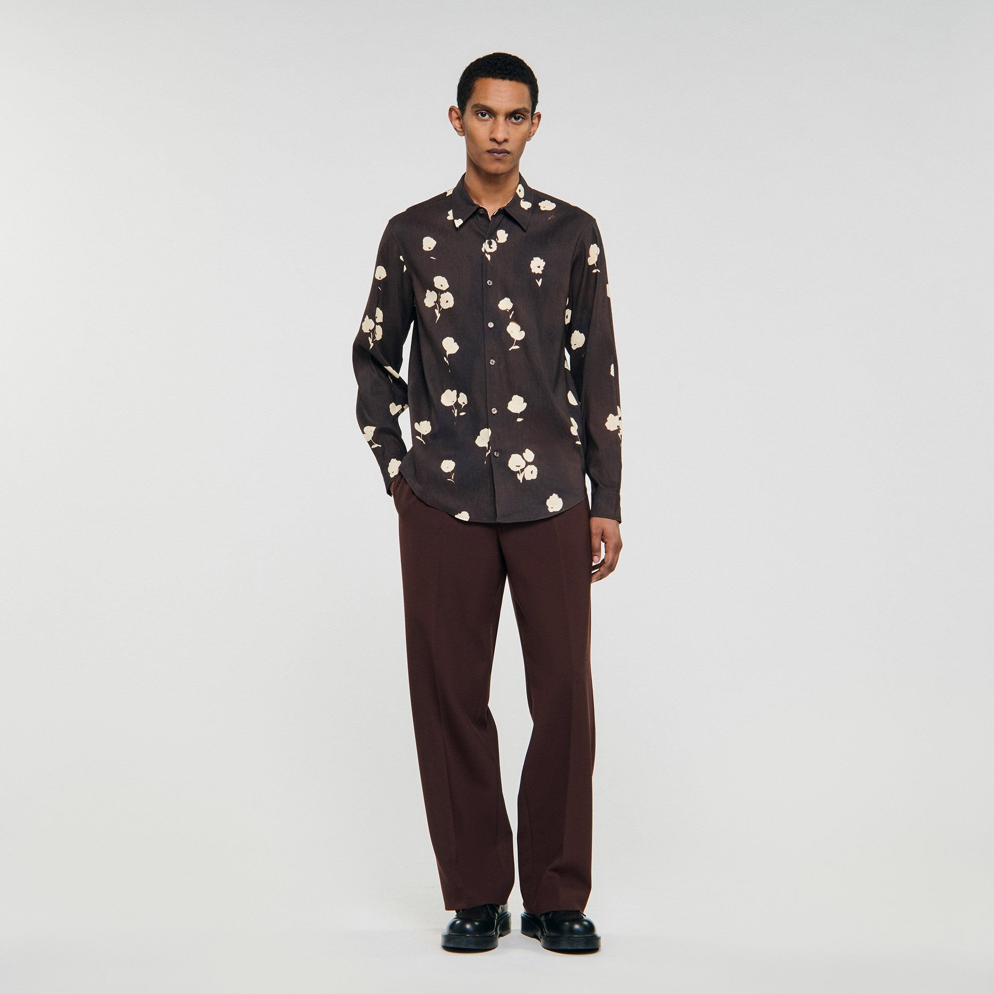 Floral print linen shirt Chocolate Sandro Men