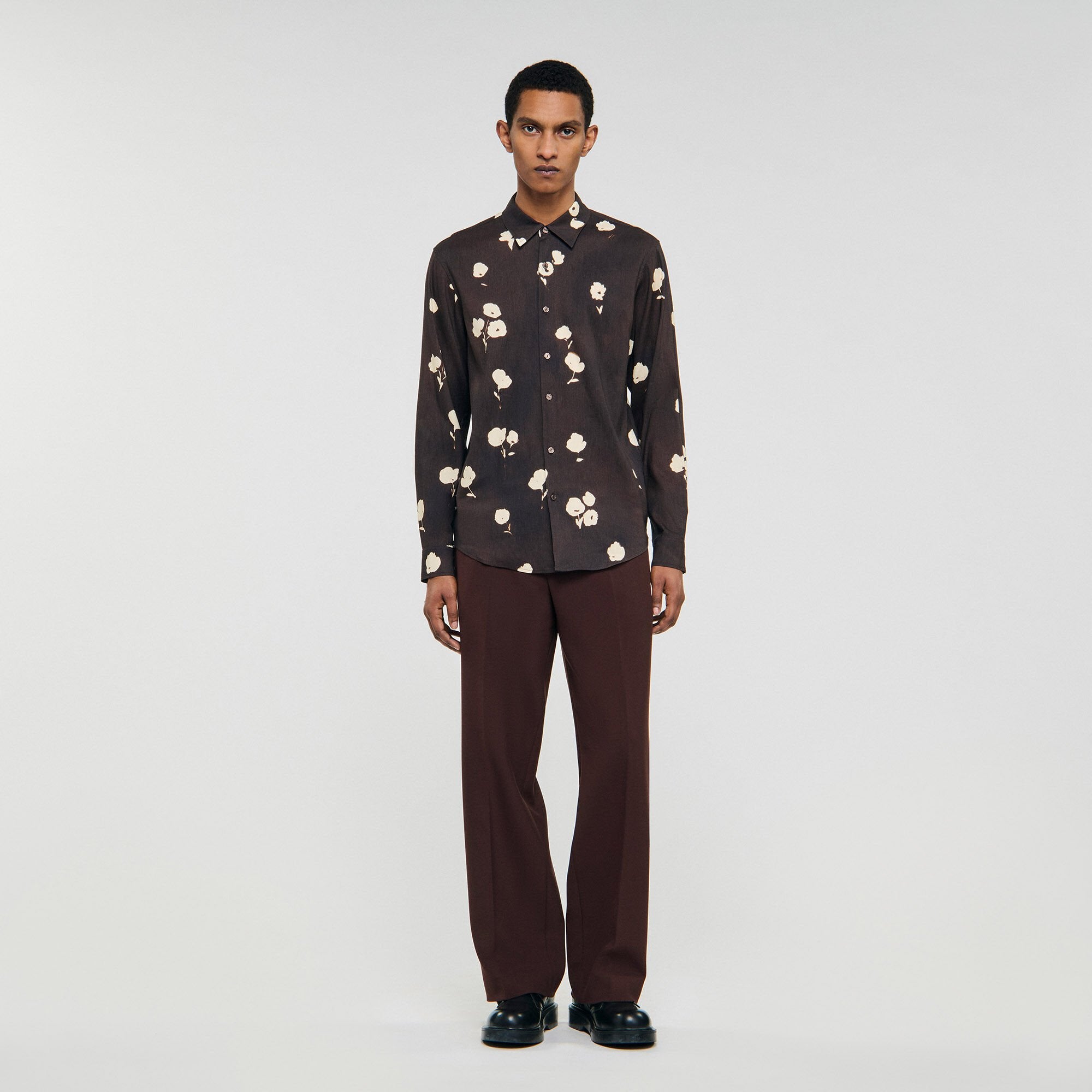 Floral print linen shirt Chocolate Sandro Men