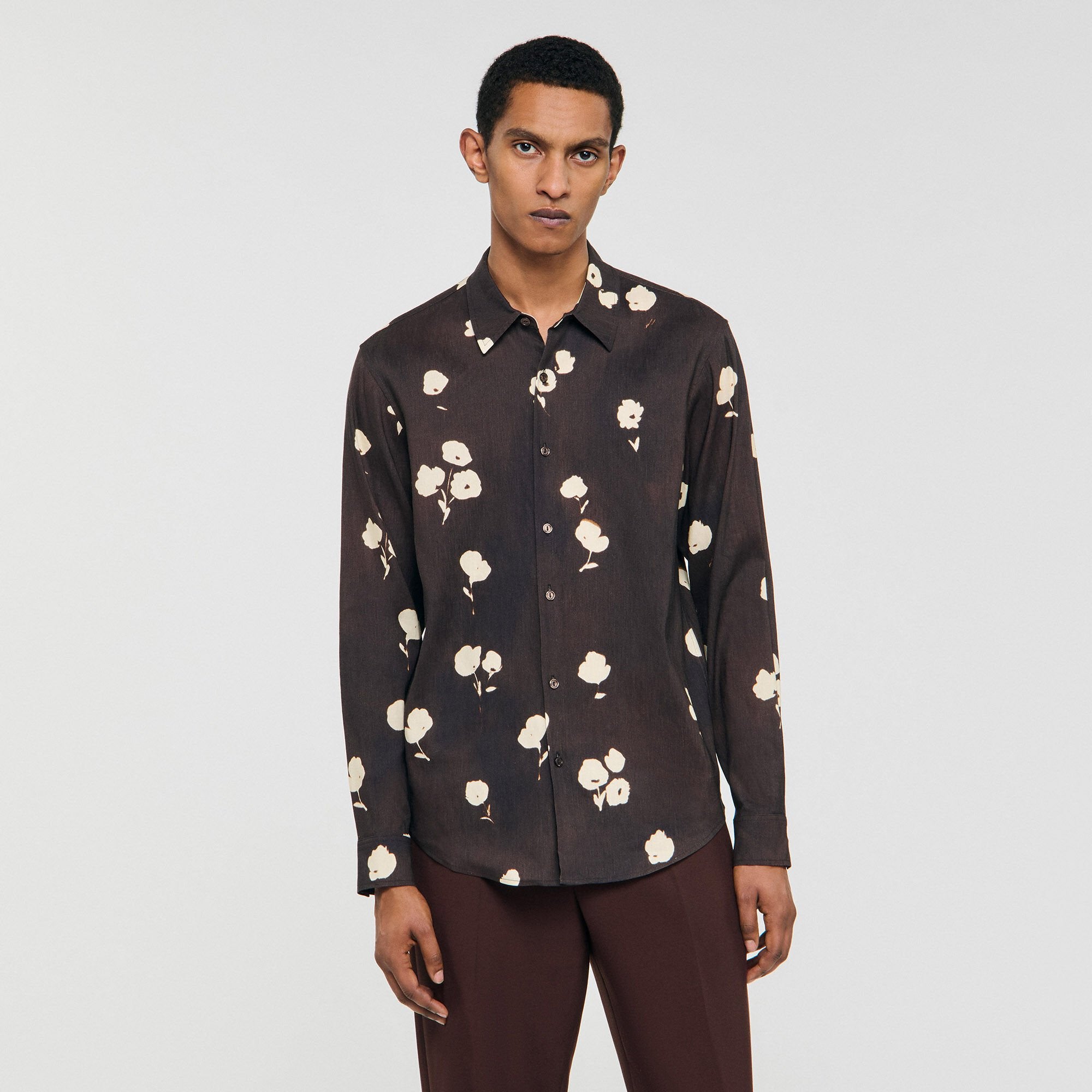 Floral print linen shirt Chocolate Sandro Men