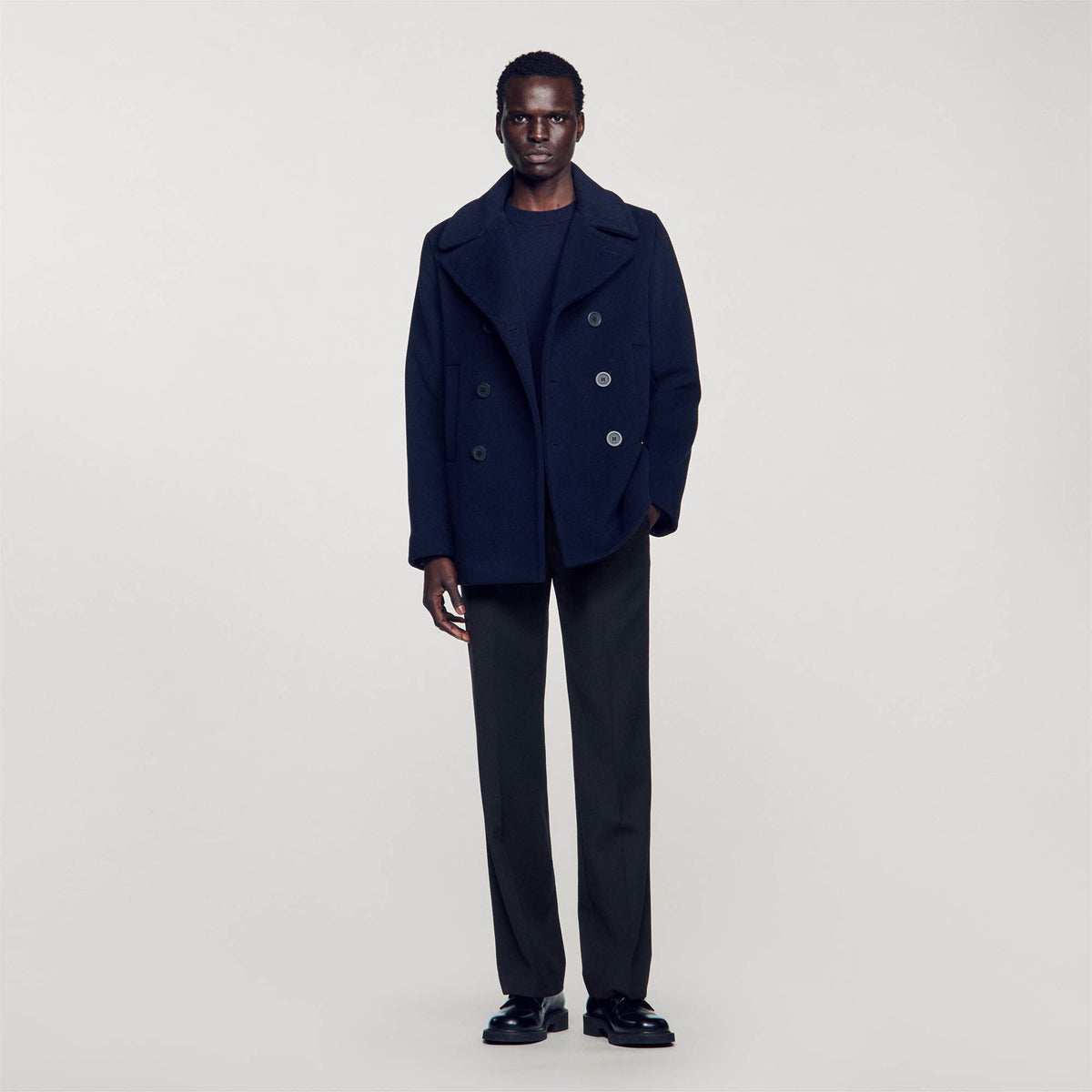 Straight-fit wool-blend coat Navy Blue Sandro Men