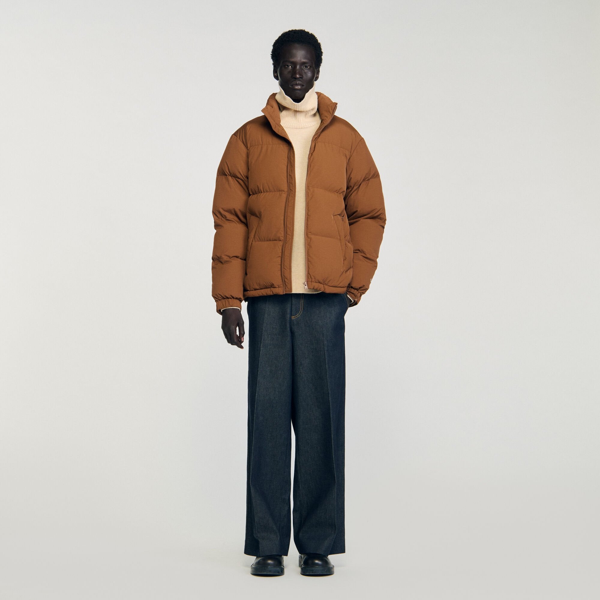 Hooded puffer with high collar Cognac Sandro Men