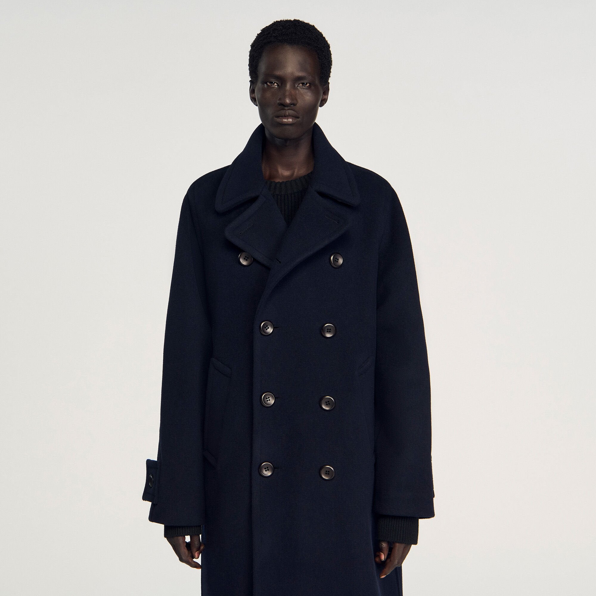 Double-breasted wool coat Navy Blue Sandro Men